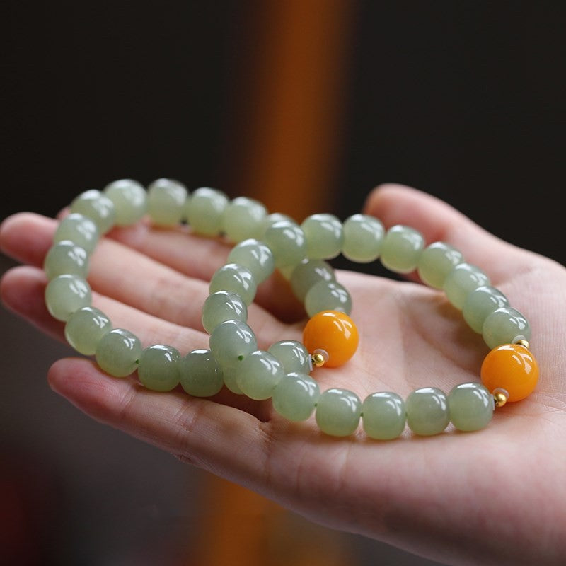 Natural Hetian jade bracelet Qingshui old type beads with beeswax transport beads
