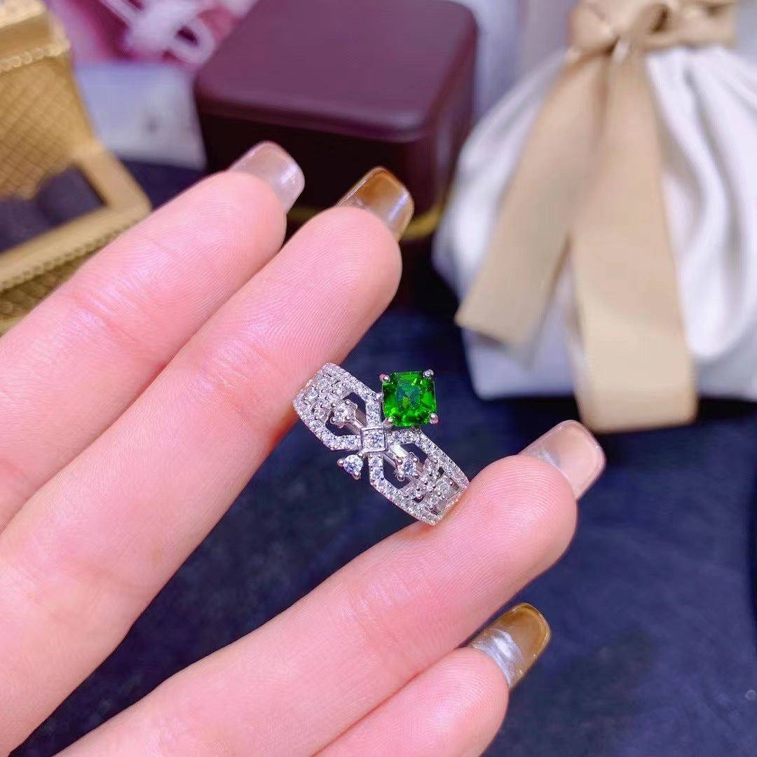 Anillo de diópsido natural, versión ancha, temperamento de moda, anillo de mujer, boda de compromiso, regalo de San Valentín, anillo estilo corte