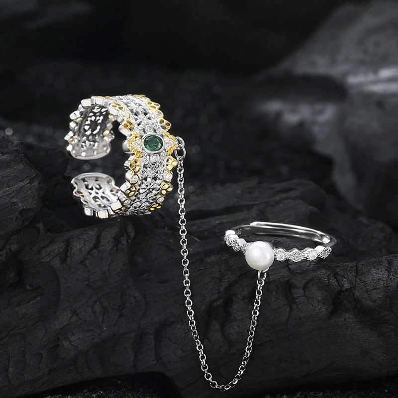 Sterling Silver S925 Antique Gold Silver Two tone Emerald Double Layer Combination Chain Pearl Chain Ring