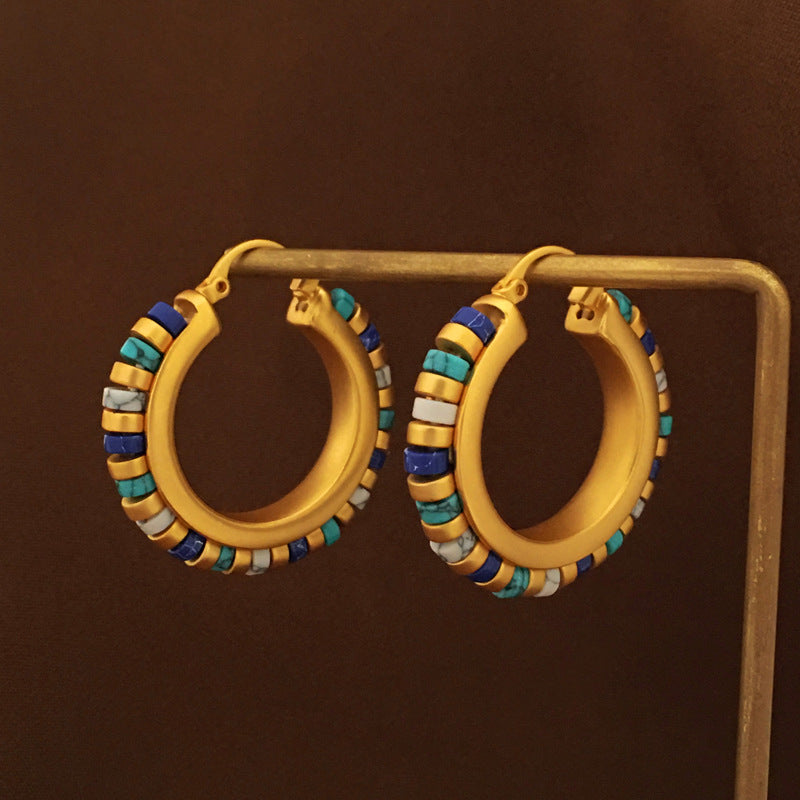 [DF]Copper plated genuine gold, European and American retro contrasting geometric circular earrings, niche earrings, high-end natural stone earrings