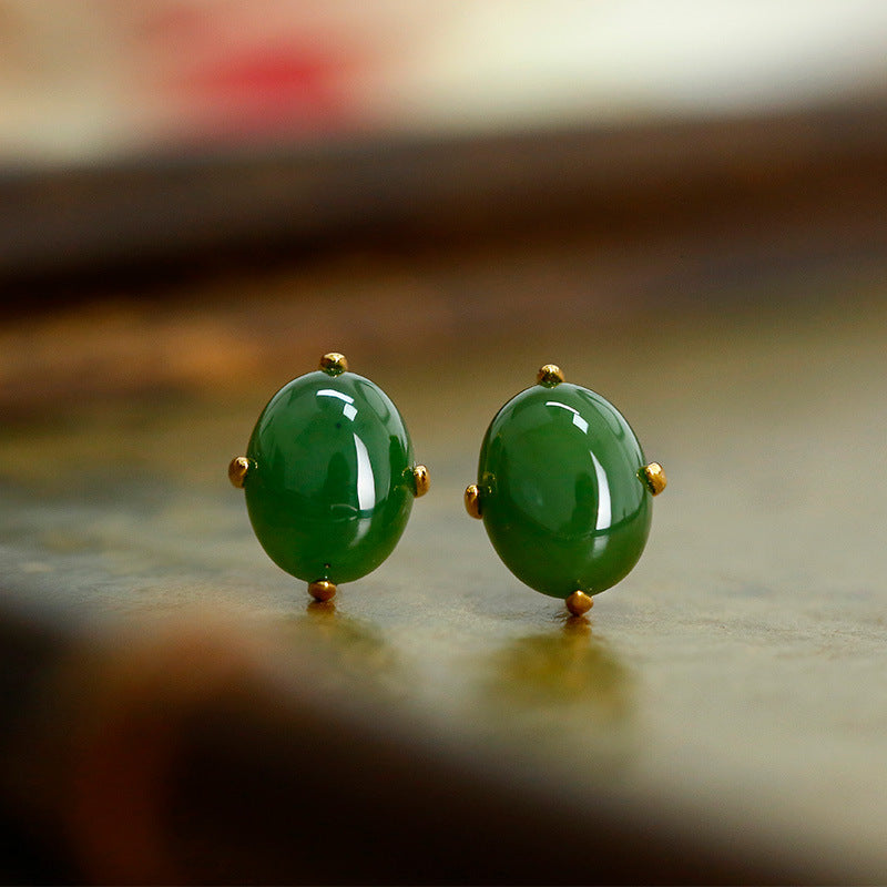 S925 Silver Plated Gold Inlaid Jade Natural Jade Classic Simple Earrings