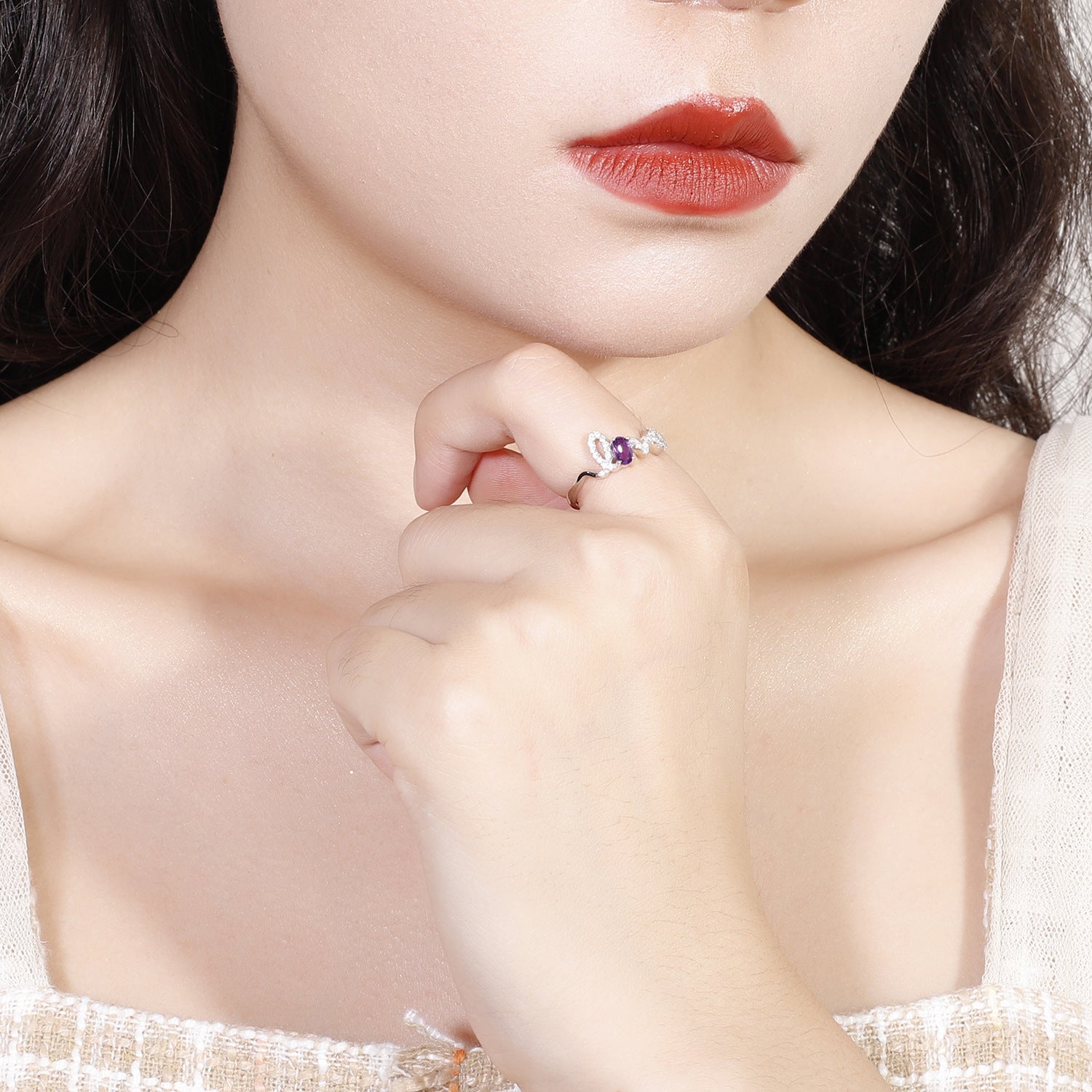 Bague en améthyste pour femme en argent sterling 925 incrustée de trésors naturels colorés Bague lettre LOVE