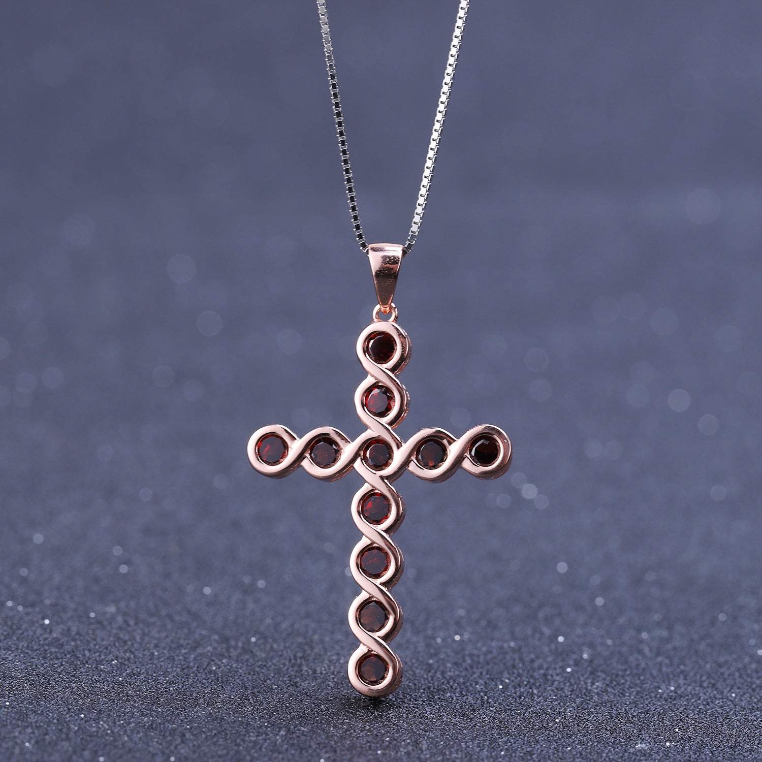 Design sense natural colored gemstone sterling silver necklace inlaid with garnet 925 silver necklace cross pendant