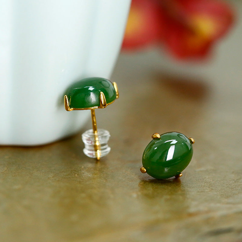 S925 Silver Plated Gold Inlaid Jade Natural Jade Classic Simple Earrings