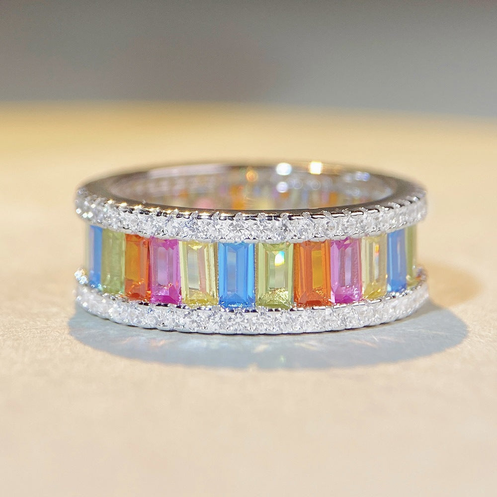 S925 Sterling Silver Rainbow Ring Women's Color Zircon Silver Ring