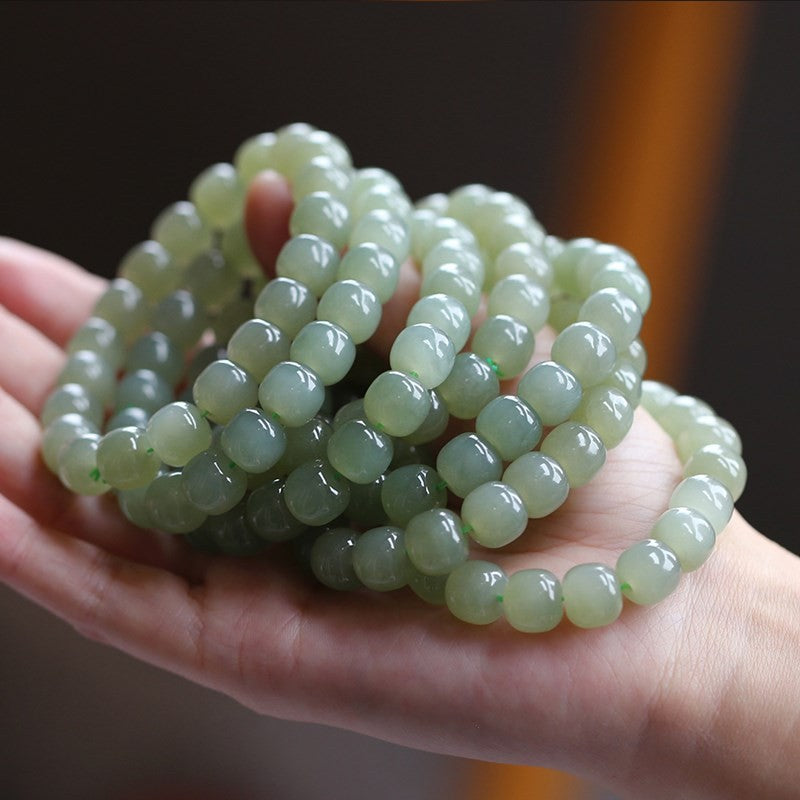 Natural Hetian jade bracelet Qingshui old type beads with beeswax transport beads