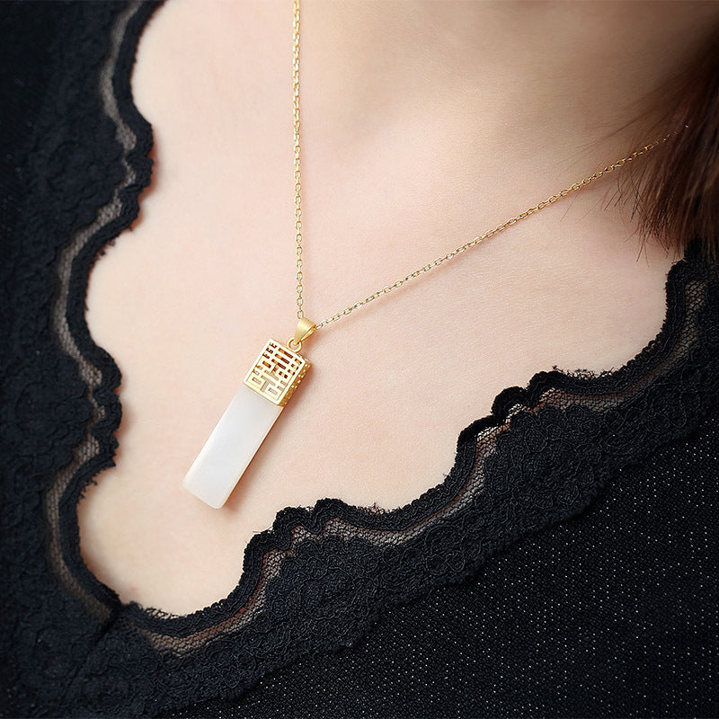 S925 Silver-plated Hetian White Jade Double Happiness Earrings Necklace Set