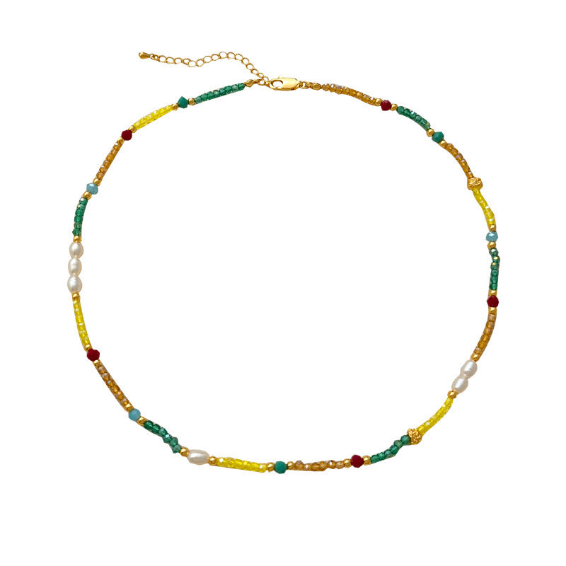 [DF]Small niche design, Bohemian style, contrasting glass bead necklace, temperament, personality, cultured pearl collarbone chain