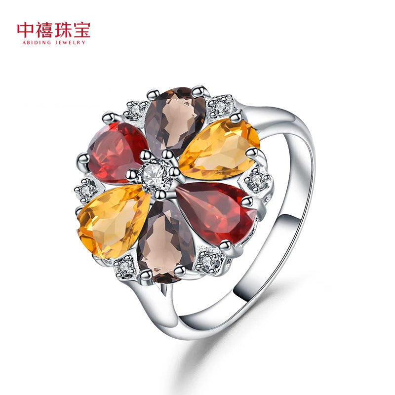 Natural colored gemstone ring S925 sterling silver set with natural colored crystal gemstone ring