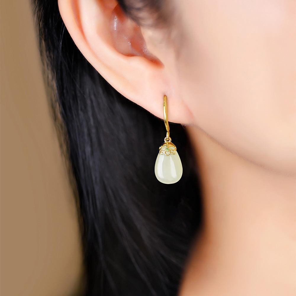 S925 silver inlaid water drop earrings, green jade earrings, and Tian white jade earrings