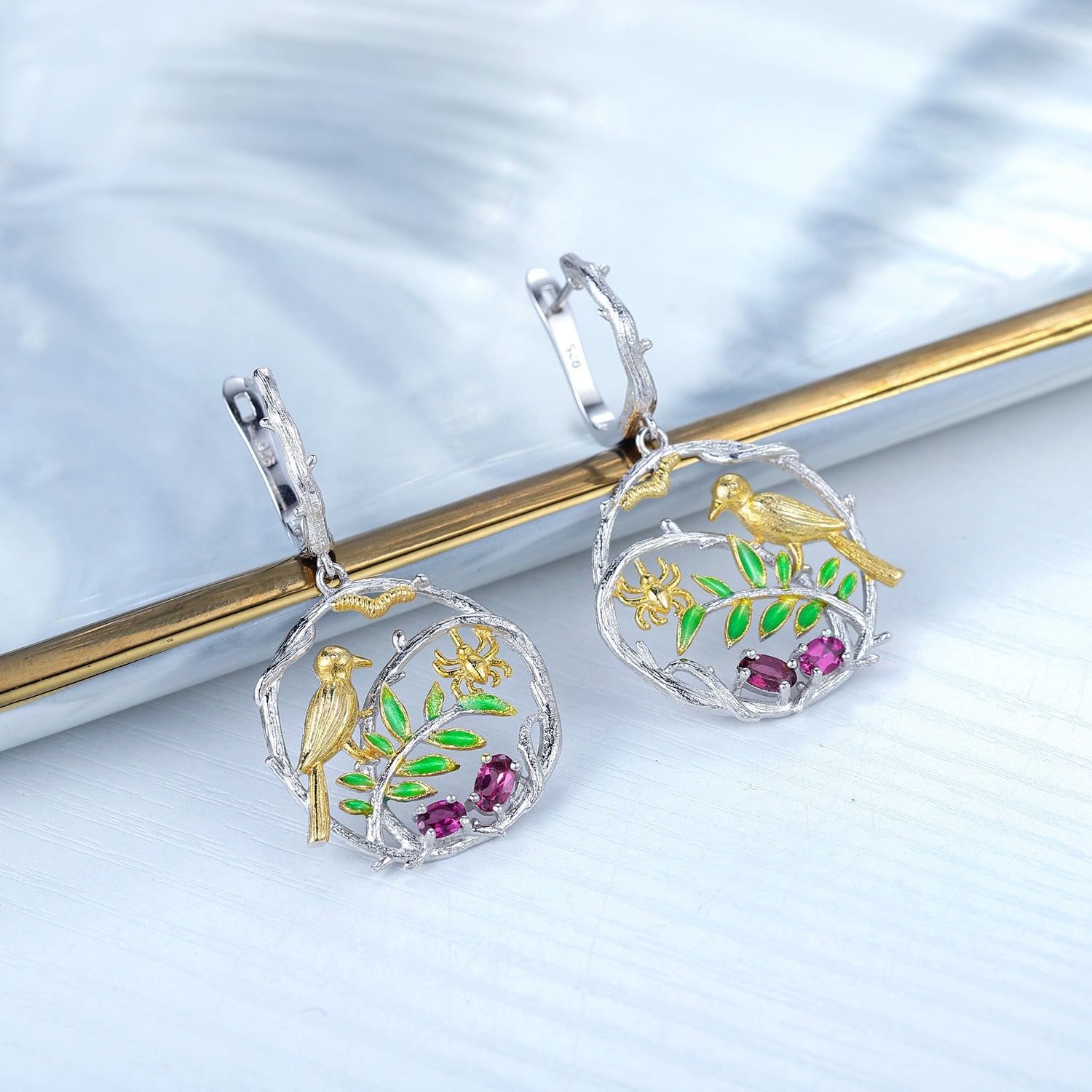 Boucles d'oreilles oiseaux en argent sterling S925, pierres précieuses de couleur naturelle