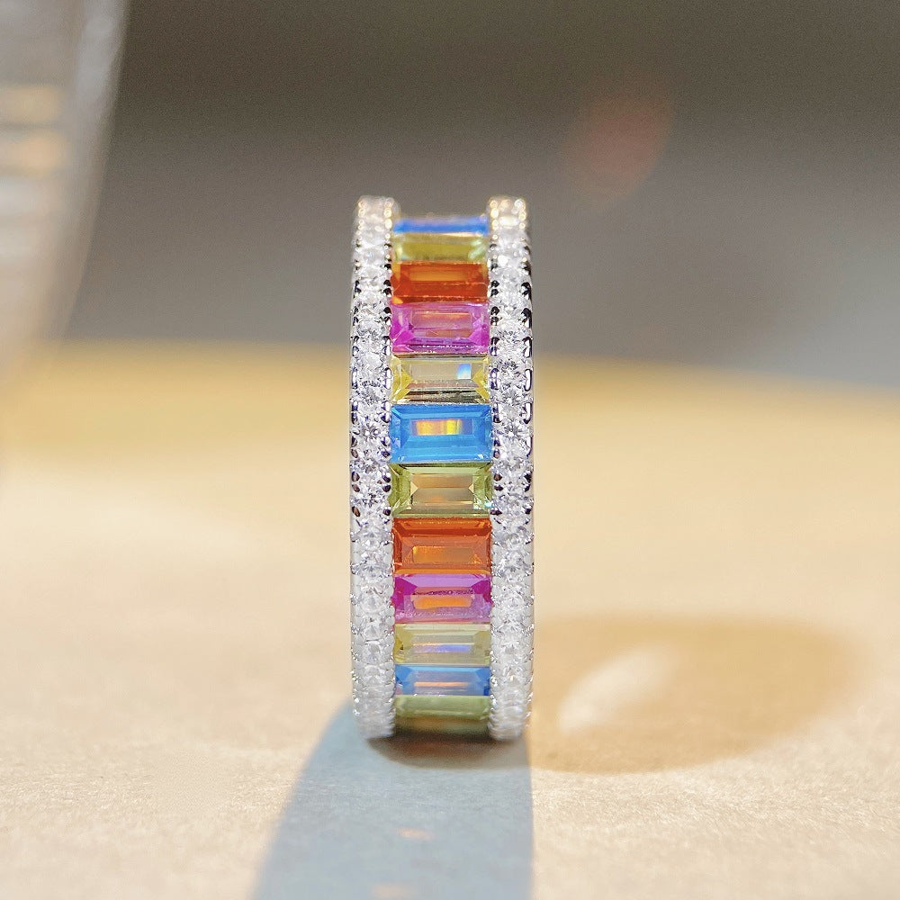 S925 Sterling Silver Rainbow Ring Women's Color Zircon Silver Ring
