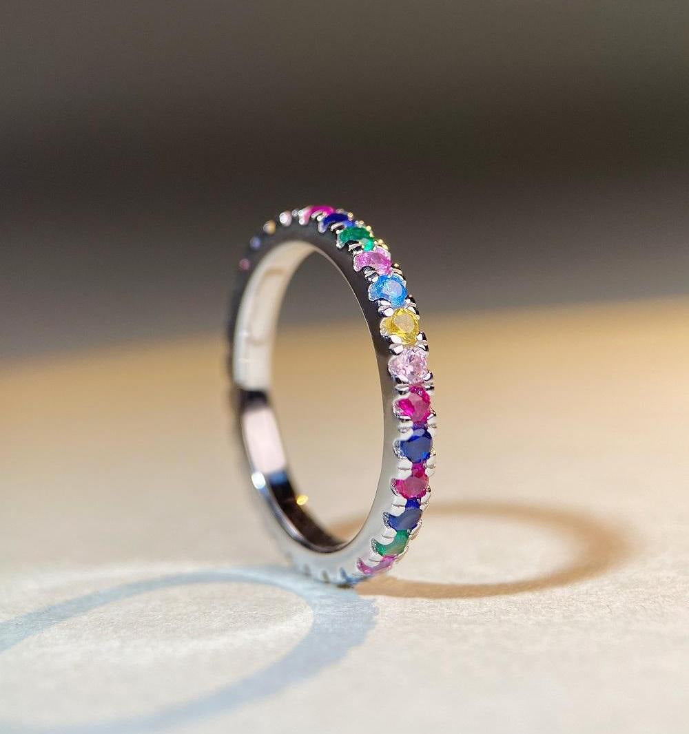 S925 Sterling Silver Ring Rainbow Zircon Colored Light Luxury Versatile Ring