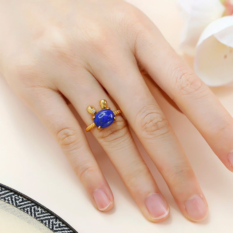 S925 Silver Gold Plated Lapis lazuli Rabbit Ring