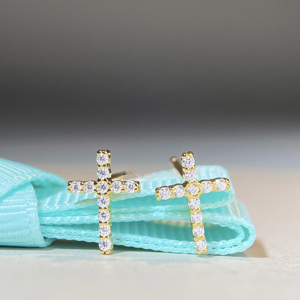 S925 pure silver Moissanite ear nail cross inlaid with D color Moissanite stone