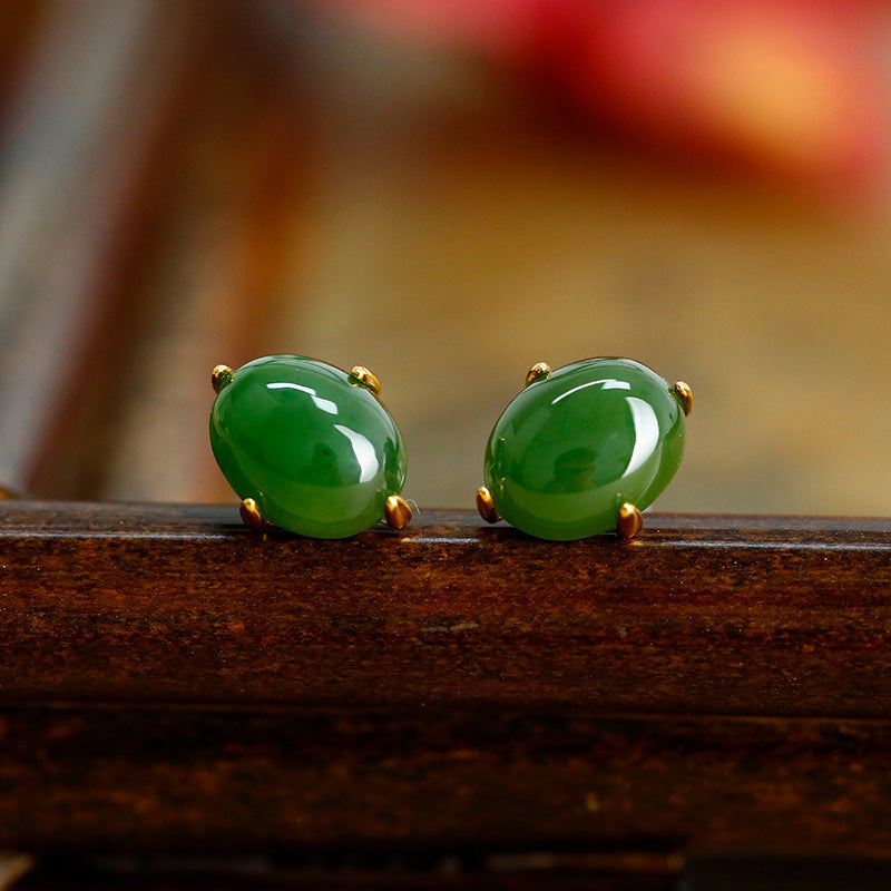 S925 Silver Plated Gold Inlaid Jade Natural Jade Classic Simple Earrings