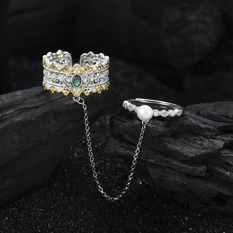 Sterling Silver S925 Antique Gold Silver Two tone Emerald Double Layer Combination Chain Pearl Chain Ring