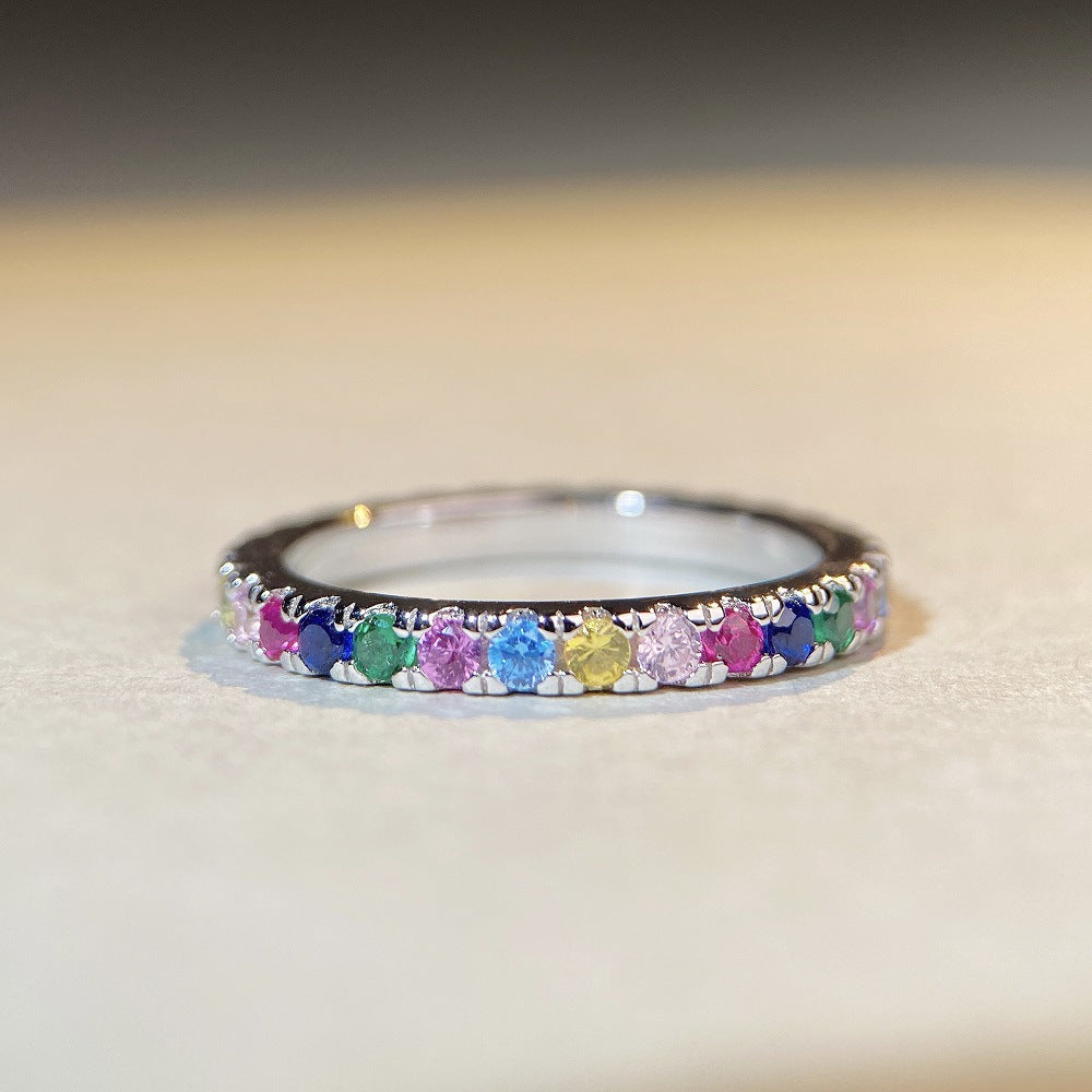 S925 Sterling Silver Ring Rainbow Zircon Colored Light Luxury Versatile Ring