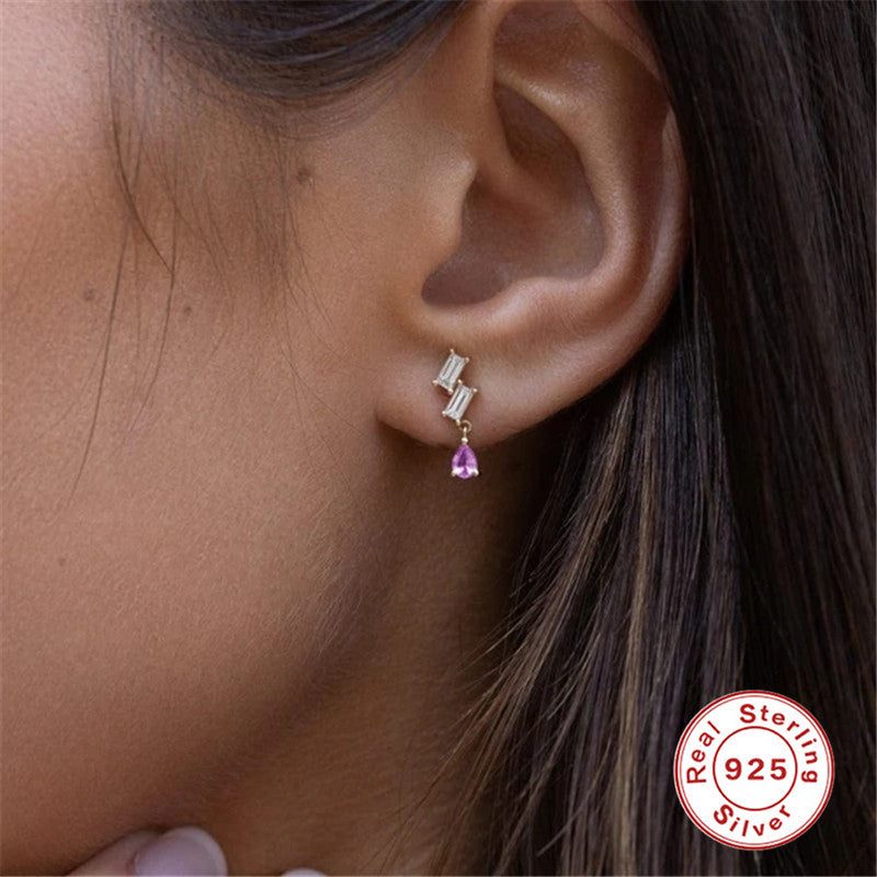 INS pink gemstone diamond stepped earrings are simple and versatile