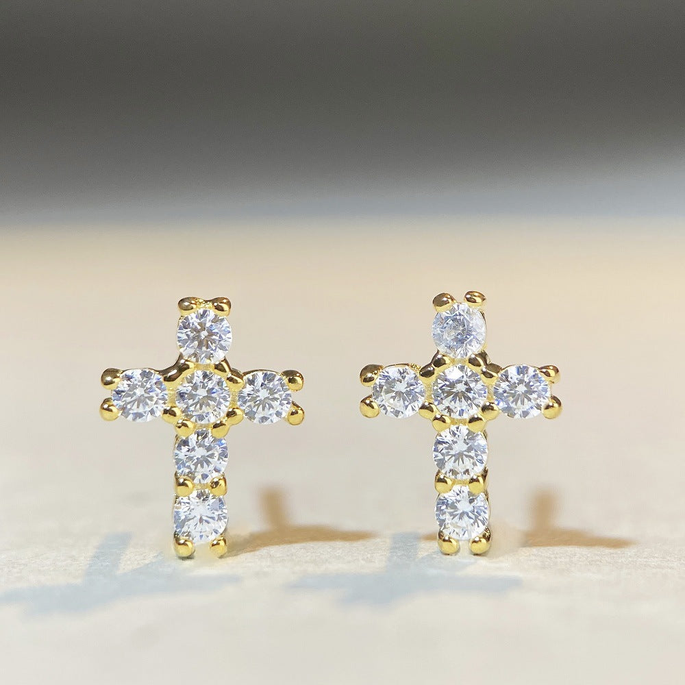 S925 sterling silver Moissanite Earrings unisex rhodium-plated gold cross