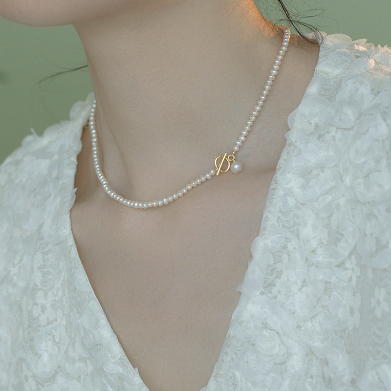 [DF]Swan Neck French Baby Freshwater Pearl Necklace - Vintage 14K Gold Plated with OT Clasp, Fashionable Collarbone Chain for Women