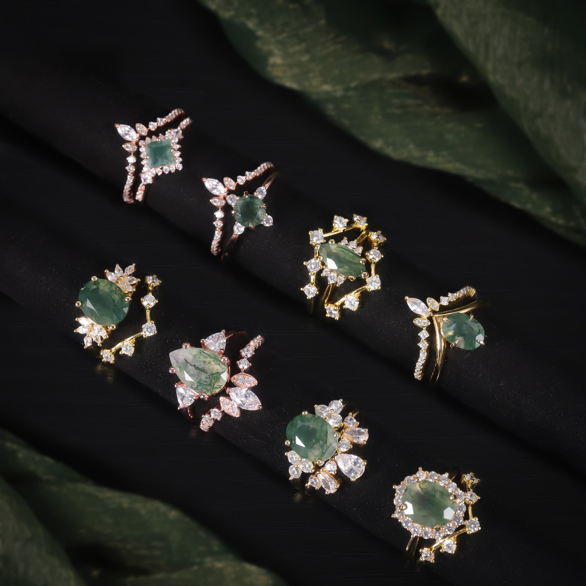 Niche Oval Stacking Natural Aquatic Grass Agate Ring S925 Sterling Silver Gold Plated Ring Gemstone Ring Set