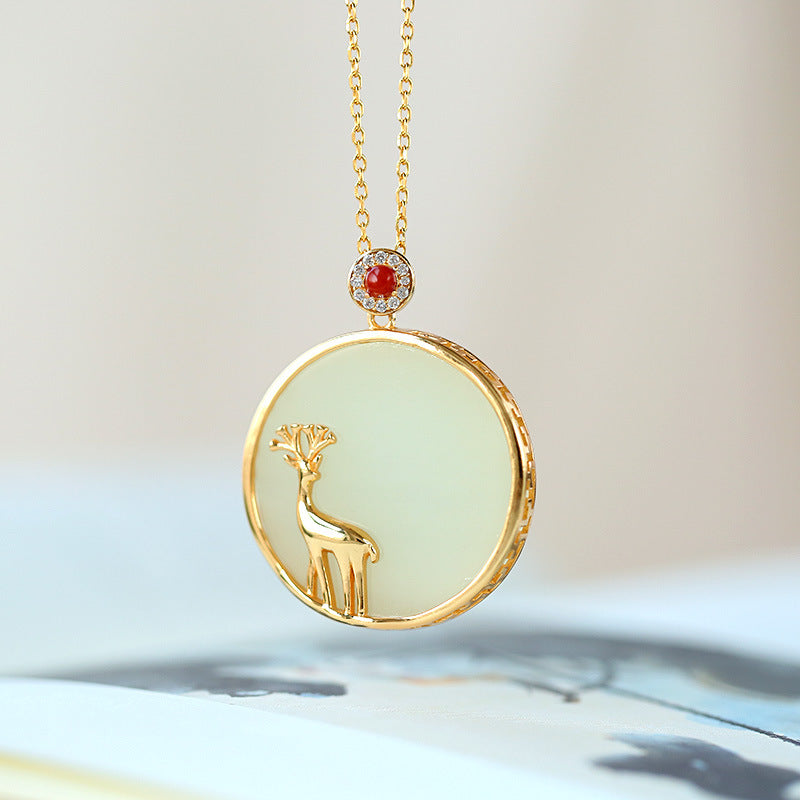S925 sterling silver gold-plated inlaid Hotan Jade jadeite doe style pendant