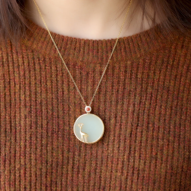 S925 sterling silver gold-plated inlaid Hotan Jade jadeite doe style pendant