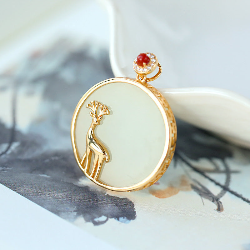 S925 sterling silver gold-plated inlaid Hotan Jade jadeite doe style pendant