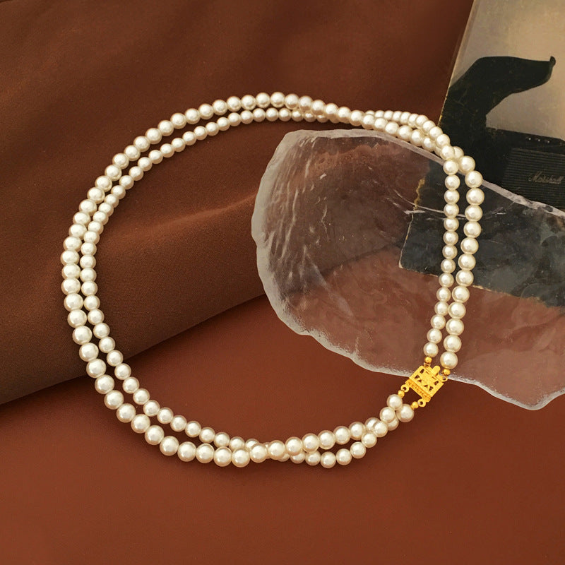 【DF】European and American retro style double-row pearl necklace temperament, light luxury elegant necklace, women's niche high-end sense collarbone chain