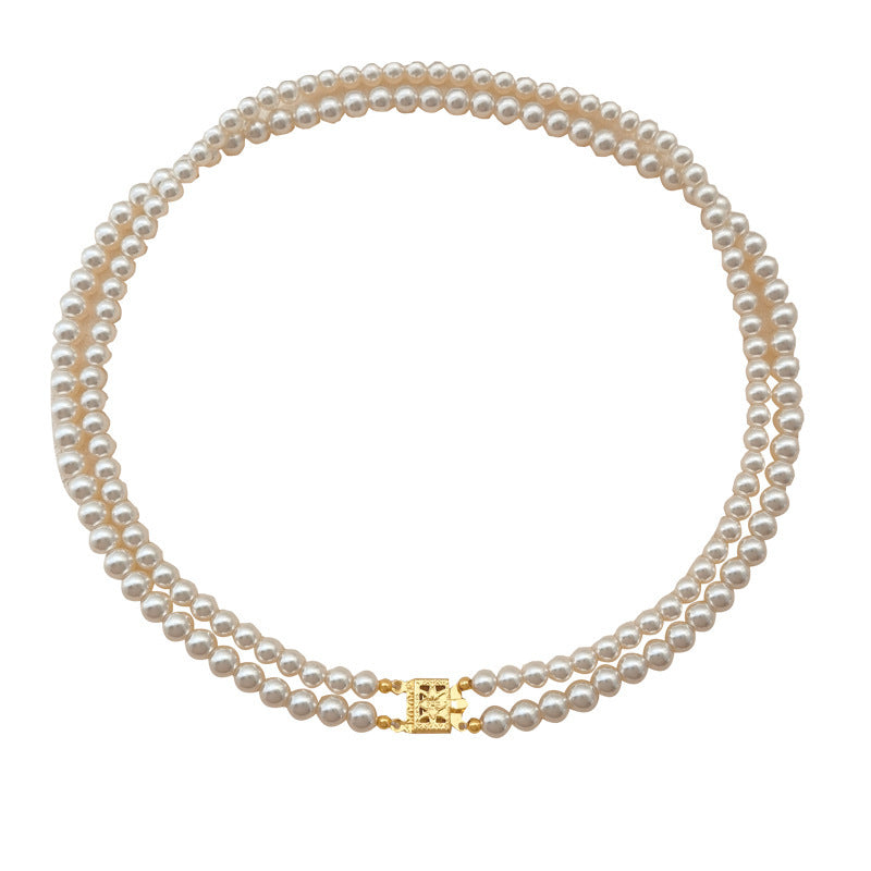 【DF】 Collier de perles à double rangée de style rétro européen et américain, collier élégant et luxueux, niche pour femme, chaîne de clavicule haut de gamme