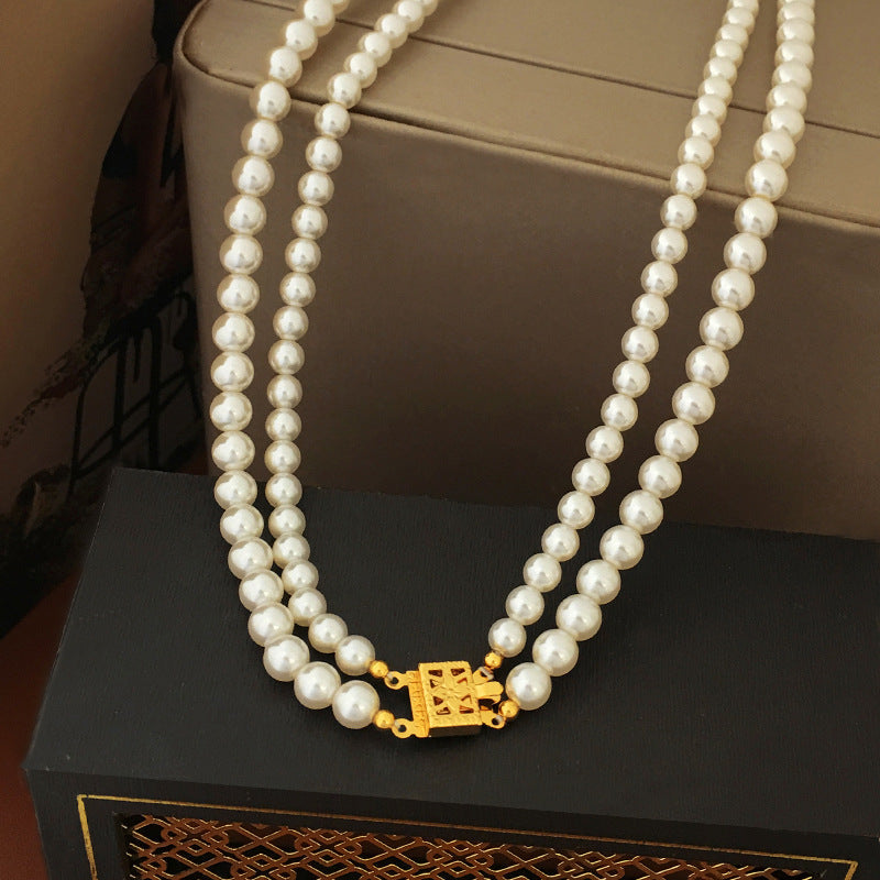 【DF】 Collier de perles à double rangée de style rétro européen et américain, collier élégant et luxueux, niche pour femme, chaîne de clavicule haut de gamme