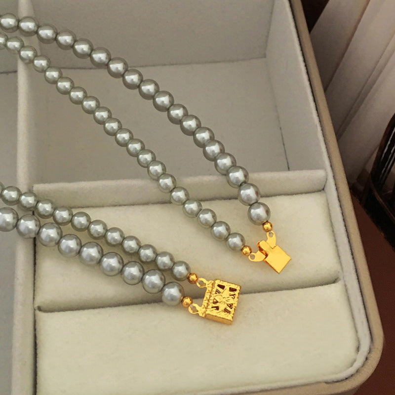 【DF】 Collier de perles à double rangée de style rétro européen et américain, collier élégant et luxueux, niche pour femme, chaîne de clavicule haut de gamme