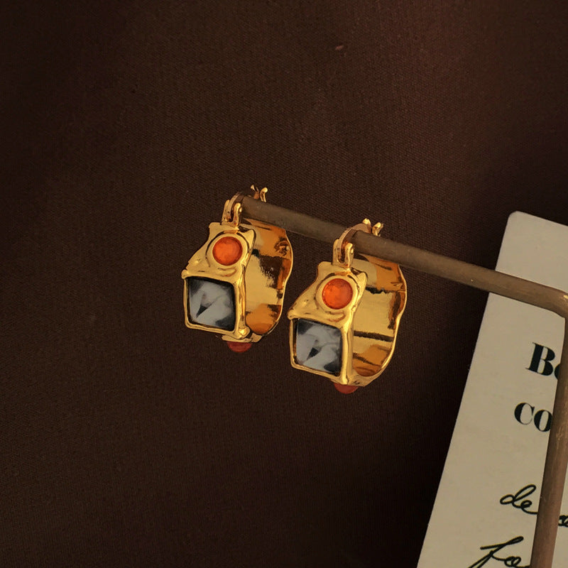 [DF]European and American Personalized Baroque Style Earrings Creative Contrast Color Resin Wide Face Earrings Copper Plated True Gold Earrings