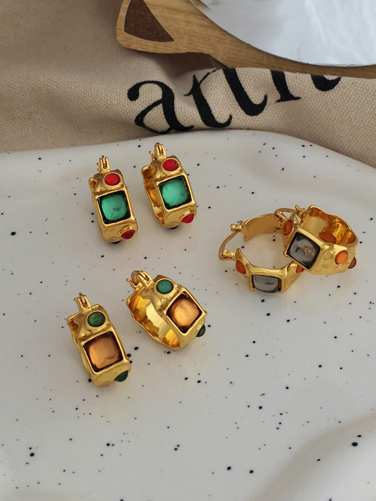 [DF]Pendientes de estilo barroco personalizados europeos y americanos, aretes creativos de resina de color contrastante con cara ancha, aretes de oro auténtico bañados en cobre 