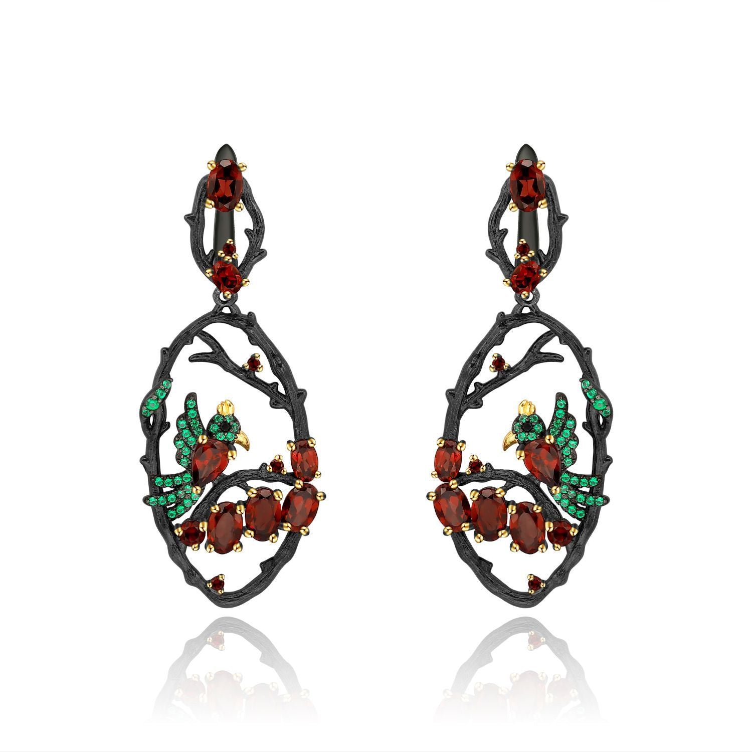 Boucles d'oreilles en argent 925 avec pierres précieuses naturelles, design oiseaux dans la brousse