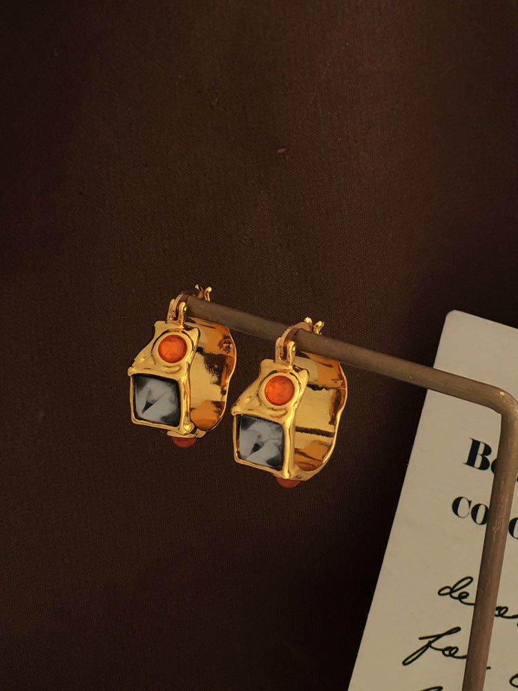 [DF]Pendientes de estilo barroco personalizados europeos y americanos, aretes creativos de resina de color contrastante con cara ancha, aretes de oro auténtico bañados en cobre 