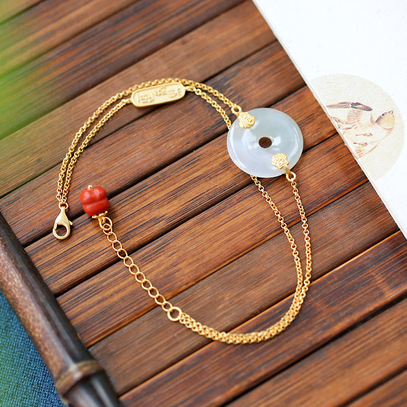 S925 silver gold-plated inlaid jade wishful round buckle with South Red exquisite bracelet