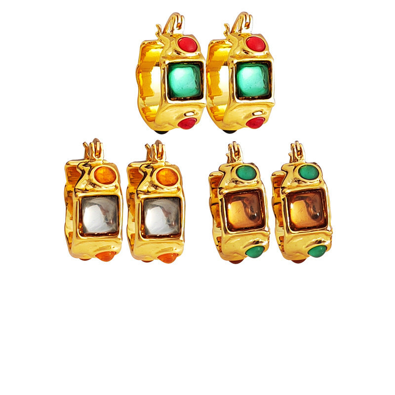 [DF]Pendientes de estilo barroco personalizados europeos y americanos, aretes creativos de resina de color contrastante con cara ancha, aretes de oro auténtico bañados en cobre 