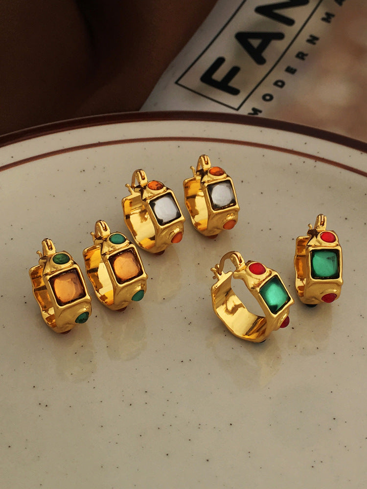 [DF]Pendientes de estilo barroco personalizados europeos y americanos, aretes creativos de resina de color contrastante con cara ancha, aretes de oro auténtico bañados en cobre 