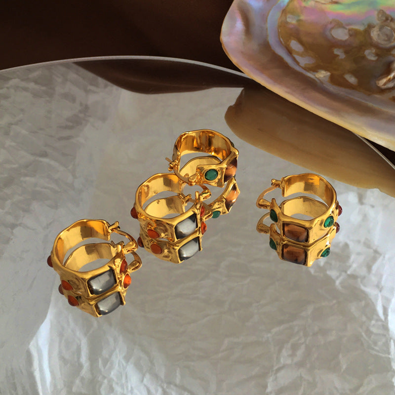 [DF]Pendientes de estilo barroco personalizados europeos y americanos, aretes creativos de resina de color contrastante con cara ancha, aretes de oro auténtico bañados en cobre 