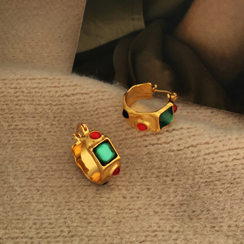 [DF]Pendientes de estilo barroco personalizados europeos y americanos, aretes creativos de resina de color contrastante con cara ancha, aretes de oro auténtico bañados en cobre 